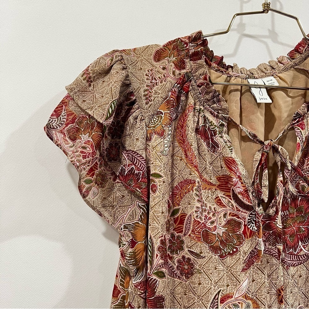Joie Floral metallic Cap Ruffle Sleeve Size Medium Lined Brown Red Blouse Top - Picture 6 of 11